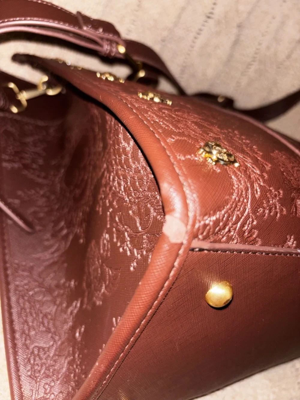 Betsey Johnson Brown Skull & Floral Embossed Tote Bag - Gold Skull Studs - Picture 10 of 11